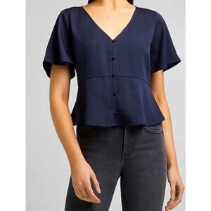 Express V Neck Peplum Button Front Flowy Workwear Short Sleeve Top Medium